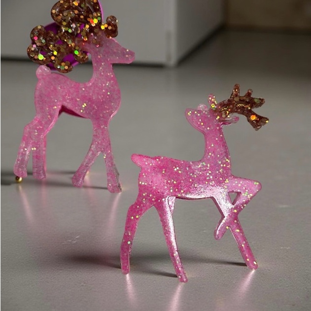 Set of 2 Pink Glitter epoxy resin Reindeer ornaments